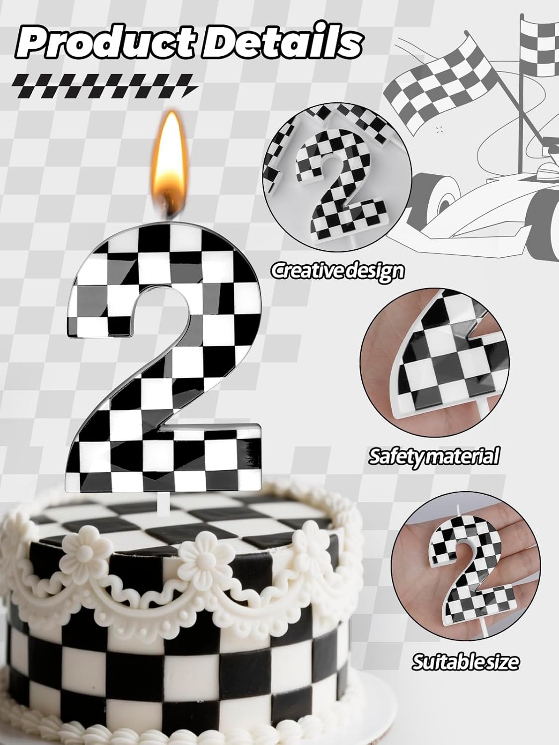 Number 2 Racing Cars Birthday Candles,2.68 Inch Black White Checkered Birthday Number Candles, Cool Racing Themed Number Candles for Boys and Girls, Kids Race Car Themed Party Decorations Supplies