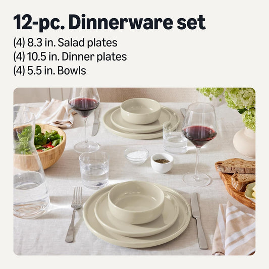 Amazon Basics Glazed Stoneware Dinnerware, 12-Piece Set, 4 Full Place Settings, Dishwasher-Safe, Ivory