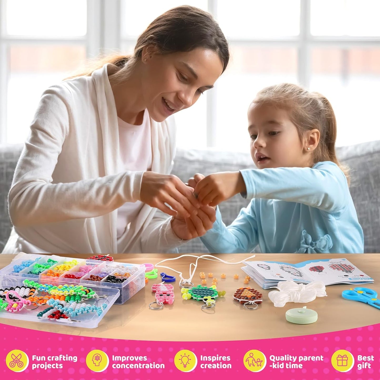 Funtopia Beads for Crafts, Pony Keychain Making Kit, Pets Art Crafts for Kids Beginners, Birthday Party DIY Craft for Girls Boys (1500 Beads, 30 Designs)