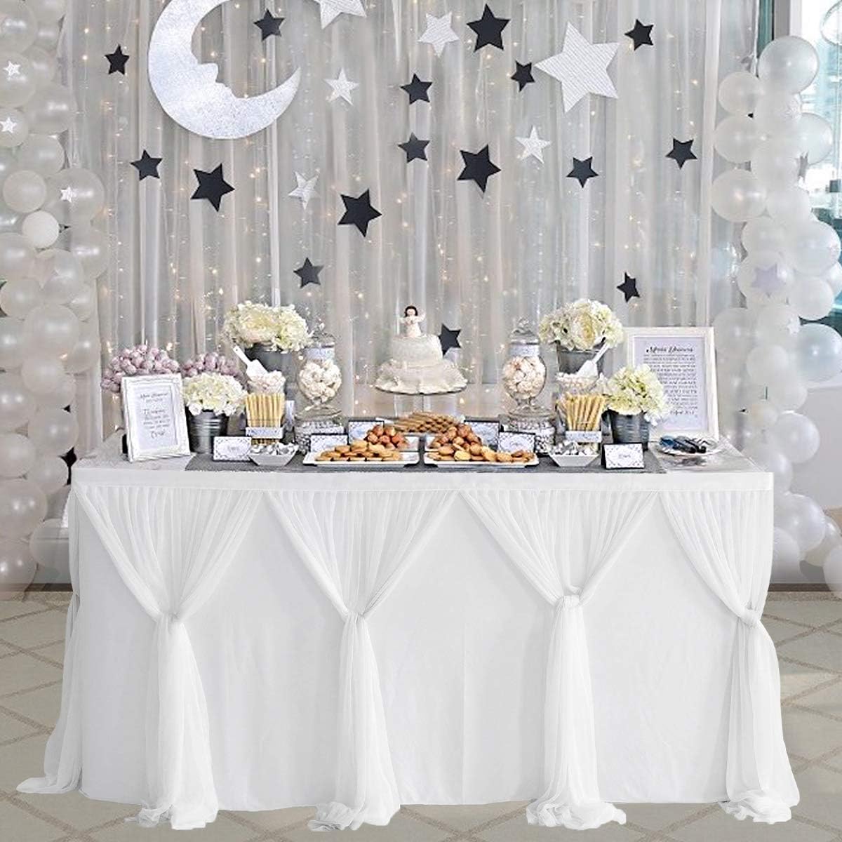 Suppromo White Tulle Table Skirts for Rectangle Tables 14ft Ruffle Tutu Table Cloth Skirt Decoration for Wedding Bridal Baby Shower Birthday Party Cake Dessert Table Decor