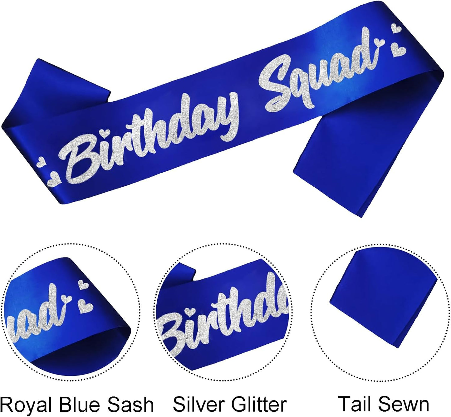 6 Pieces Birthday Squad Sash Set Royal Blue with Silver Glitter Lettering Birthday Sash for Women Funny Party Favors Decorations for Sweet 16 18th 21st 25th 30th 40th 50th or Other Bday