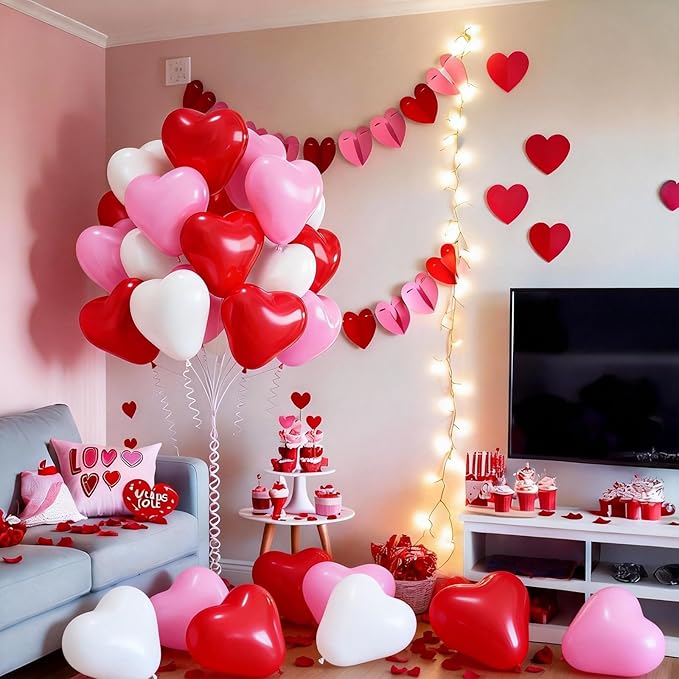 Heart Balloons Latex Red Pink White Heart Shaped Balloons Romantic Valentines Day Balloon Set for Proposal Engagement Wedding Galentines Bridal Shower Mothers Birthday Party Decorations 10 Inch