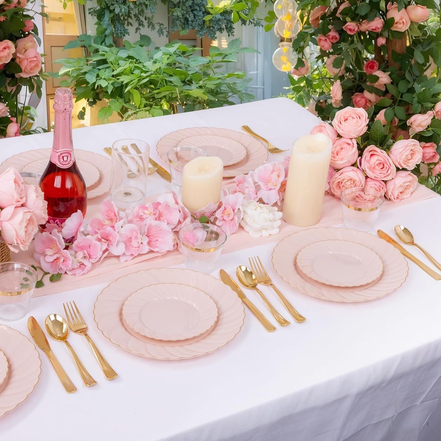 YOUBET 100 Pack Pink Scalloped Plastic Plates - 6.5 Inch Pink Disposable Plates - High End Elegant Vintage Dessert Plate for Party & Weeding & Birthday