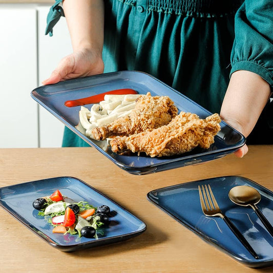KOOV Rectangular Serving Tray, 14/12/10 Inch Large Serving Platter, Crockery Serving Plates with 3 Sizes, Ceramic Serving Dishes for Party, Food, Appetizers, Set of 3, Blue