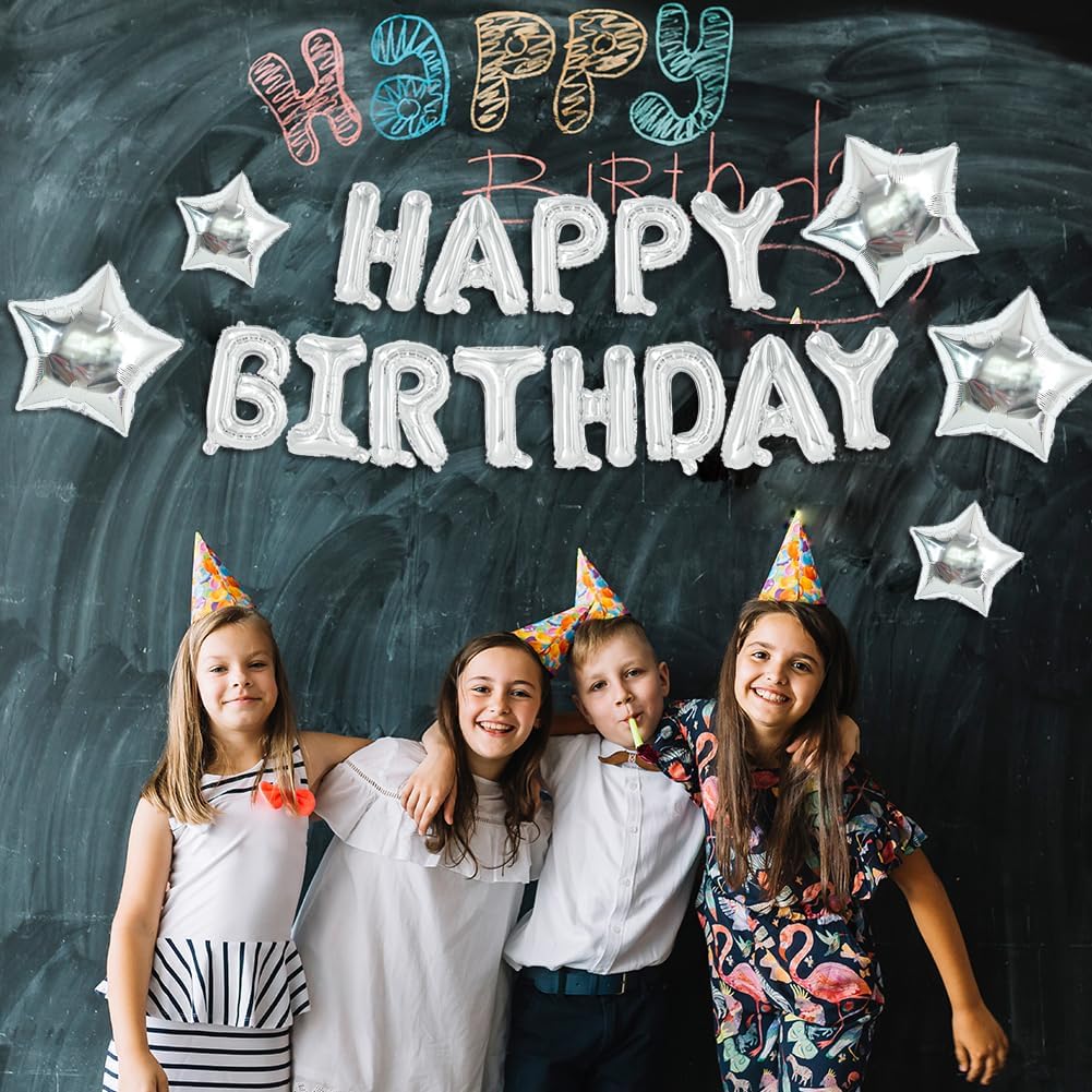 TONIFUL 35PCS Silver Happy Birthday Decorations 16 Inch Happy Birthday Balloon Banner with Star Balloons Mylar Foil Birthday Party Decorations Supplies for Men Women Adults Girls Boys Kids