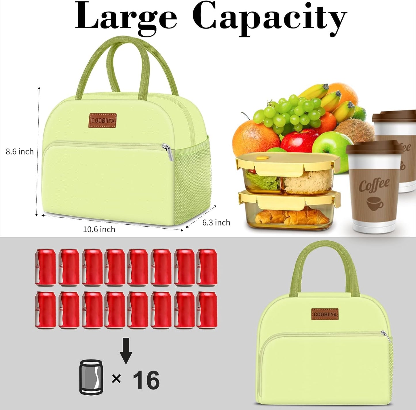 Coobiiya Lunch Bag Women, Lunch Box for Women Adult Men, Small Leakproof Cute Lunch Tote Large Capacity Reusable Insulated Cooler Lunch Container for Work/Office/Picnic/Travel-Mint Green