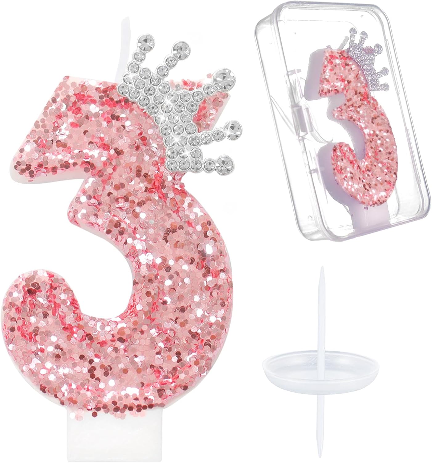 Ceya Number 3 Birthday Candles,Pink Crown Candle for Cake, Sparkling Number Glitter Candle 3.14inch Cake Topper,3st Birthday Decorations for Girl Women Reunions Anniversary Party Supplies