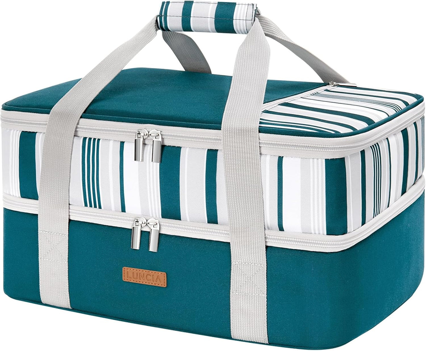 LUNCIA Double Decker Insulated Casserole Carrier for Hot or Cold Food, Lasagna Holder Tote for Potluck Parties/Picnic/Cookouts, Fits 9"x13" Baking Dish, Green