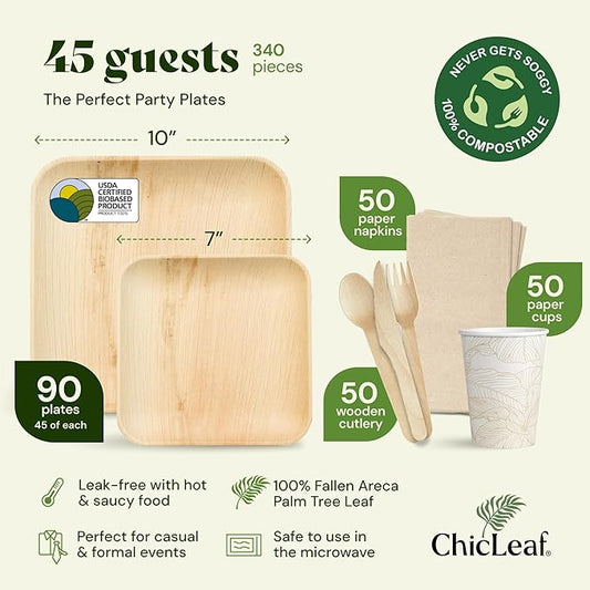 Chic Leaf Compostable Palm Leaf Plates & Cups Set - 10 In & 7 In Pack of 45, Natural - Biodegradable Tableware & Disposable Plates & Cups - Durable Bamboo Utensils, Valentine's Romantic Table Setting