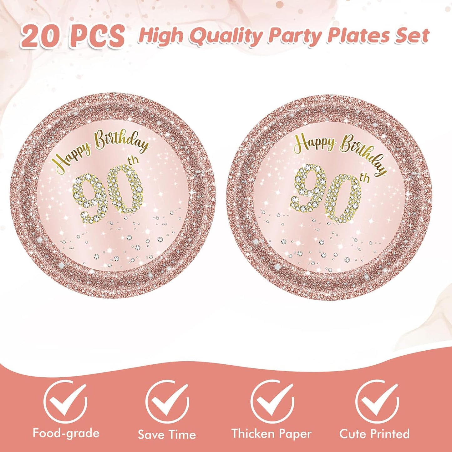 90th Birthday Decorations, Rose Gold Birthday Party Supplies Include 20Pcs Plates 20Pcs Napkins Sweet Ninety Year Old Party Tableware for Girl Ladies Women