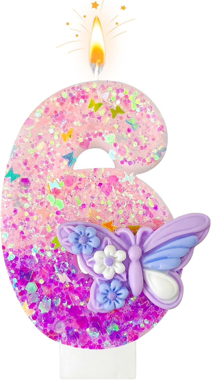 HXOUSE Butterfly Number 6 Birthday Candles - Pink & Purple Butterfly Birthday Candles for Cake, 6 Candle Topper for Anniversary Celebrations Supplies, Fairy Party Decorations for Girl (Number 6)