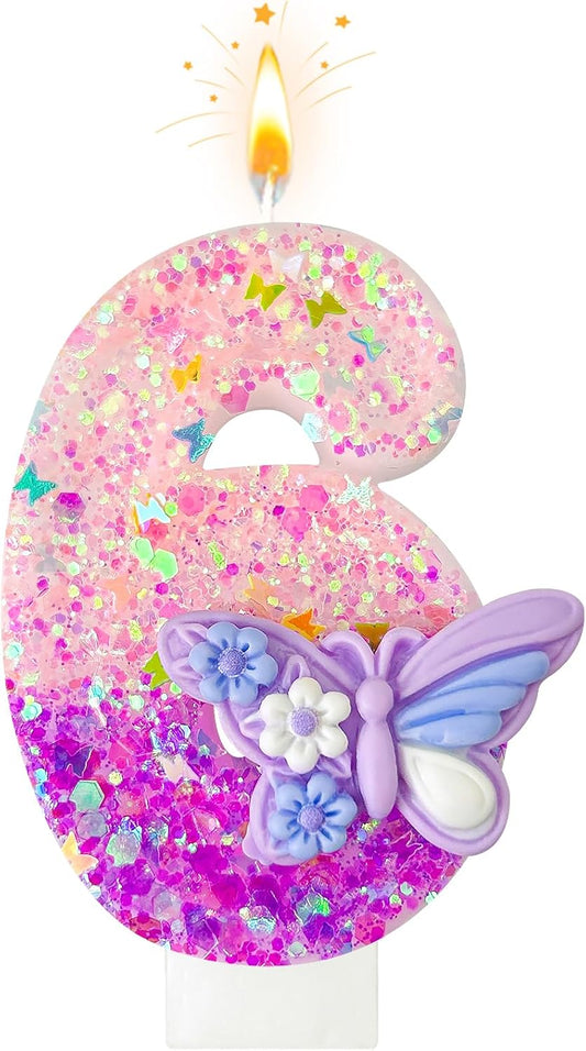 HXOUSE Butterfly Number 6 Birthday Candles - Pink & Purple Butterfly Birthday Candles for Cake, 6 Candle Topper for Anniversary Celebrations Supplies, Fairy Party Decorations for Girl (Number 6)