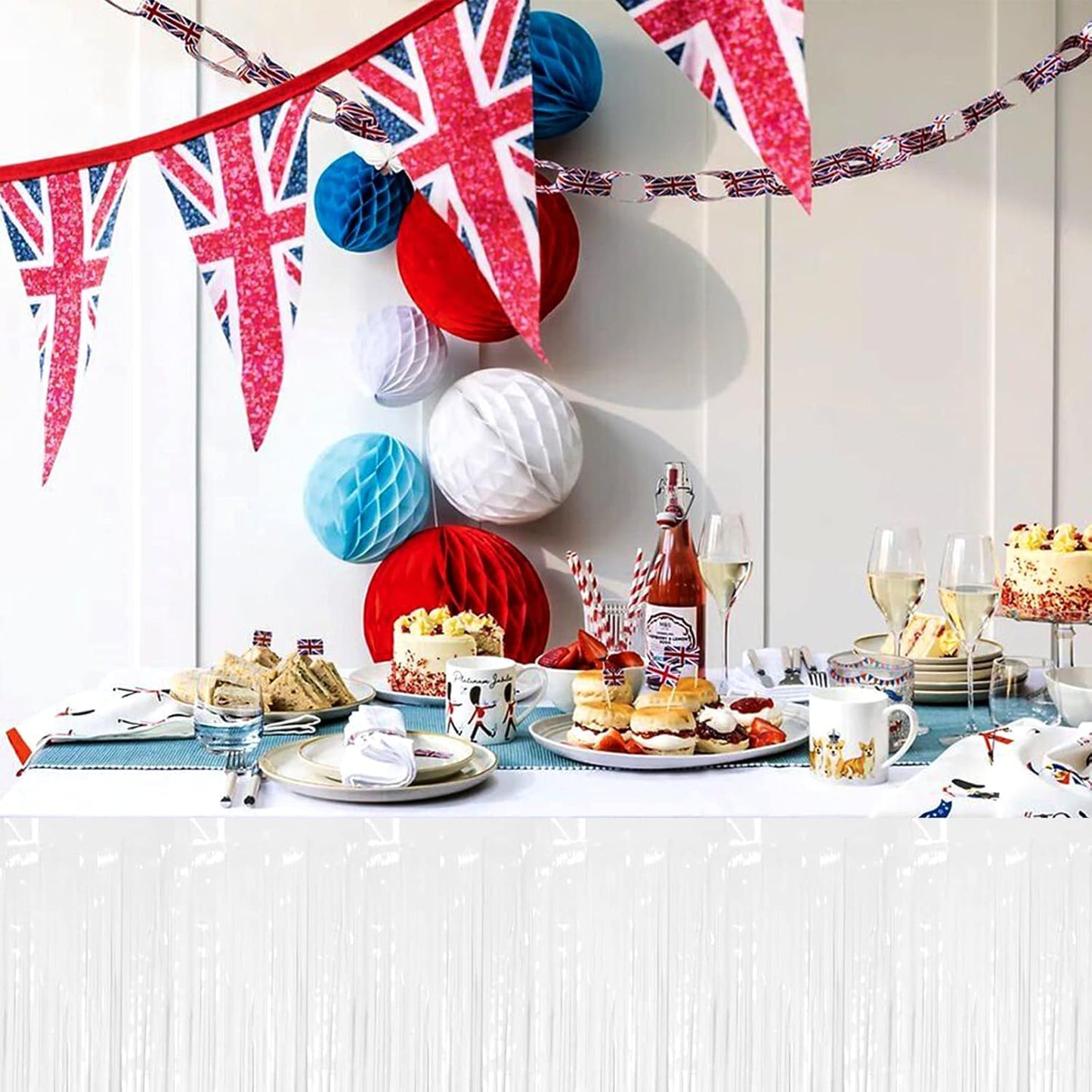 6 Pack 29x108 Inch White Metallic Foil Fringe Table Skirts Banner for Tinsel Streamer Garland Curtains Backdrop for Parade Floats Wedding Baby Shower Birthday Christmas Halloween Party Decoration