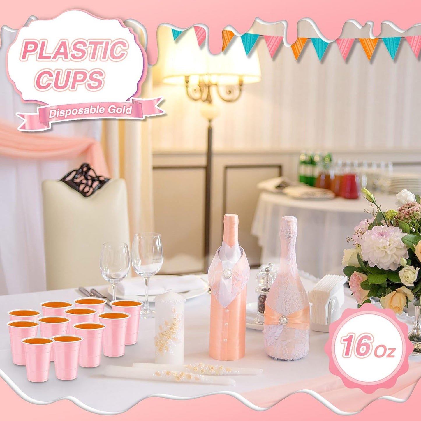 Lounsweer 100 Pack 16 Ounce Christmas Plastic Party Cups Disposable Heavy Duty Drinking Water Cups for Holiday Christmas Festival Wedding New Year Birthday Party Supplies(Light Pink)