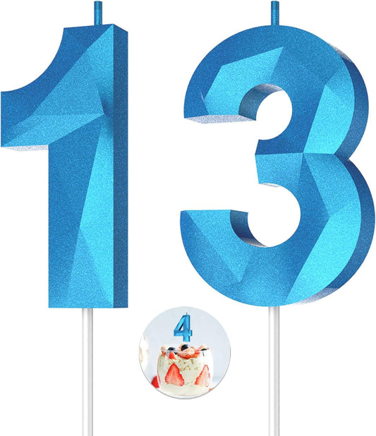 Number Birthday Candles(13 Candle Blue) 3D Diamond Shape Number Happy Birthday Cake Candles for Birthday Party Wedding Decoration Reunions Theme Party