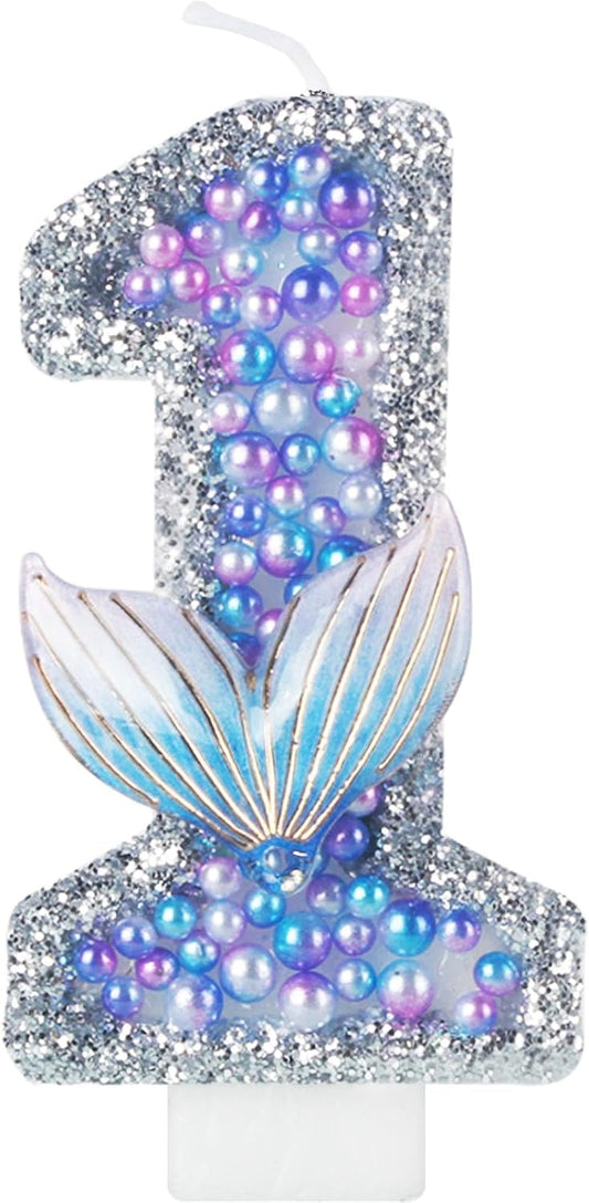 Girls Sparkler 1 Birthday Number Candles, Purple Pearls Mermaid Tail Number Birthday Candles for Girls First Birthday Cakes Mermaid Themed Birthday Decorations Party Favors Number 1 Candle Cake Topper