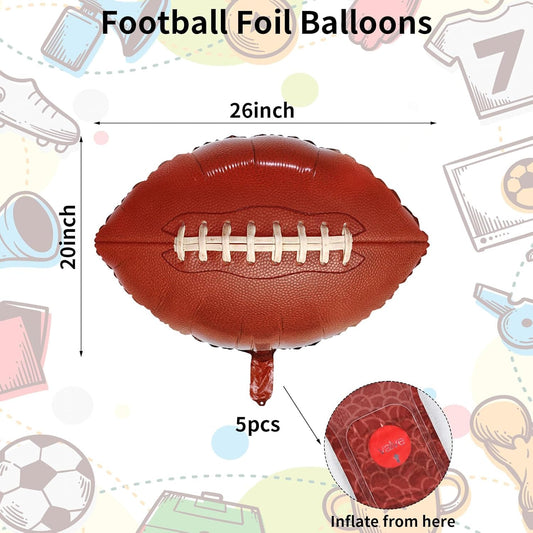 5 Pieces Large Football Party Balloons, Brown Football Shaped Mylar Foil Balloons Sports Theme Party Decorations for Boys Men Football Fans Tailgate Birthday Party Sport Decorations Supplies