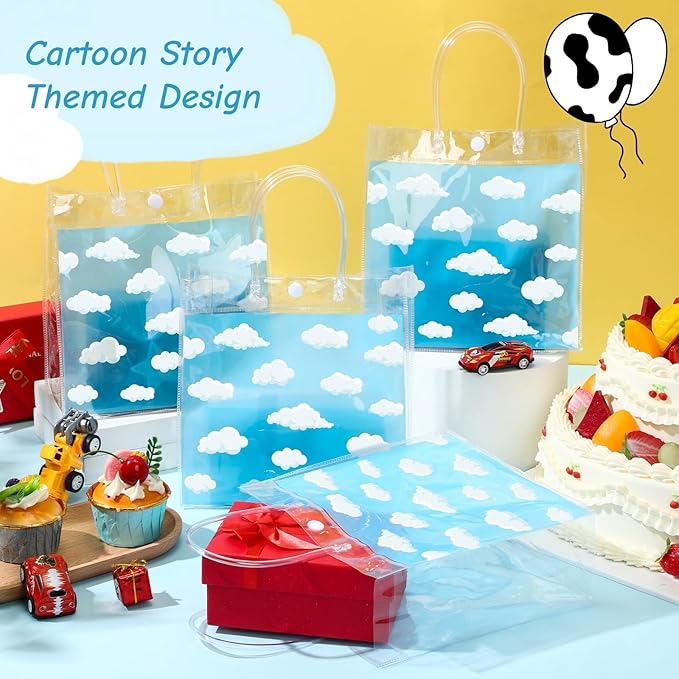Aliceset 20 Pcs Blue Clear Cloud Bags with Handles Cartoon Story Goodie Bags Blue Sky Party Favors for Baby Shower Birthday Party Candy Snack Supplies, 8x8x3.15 Inch