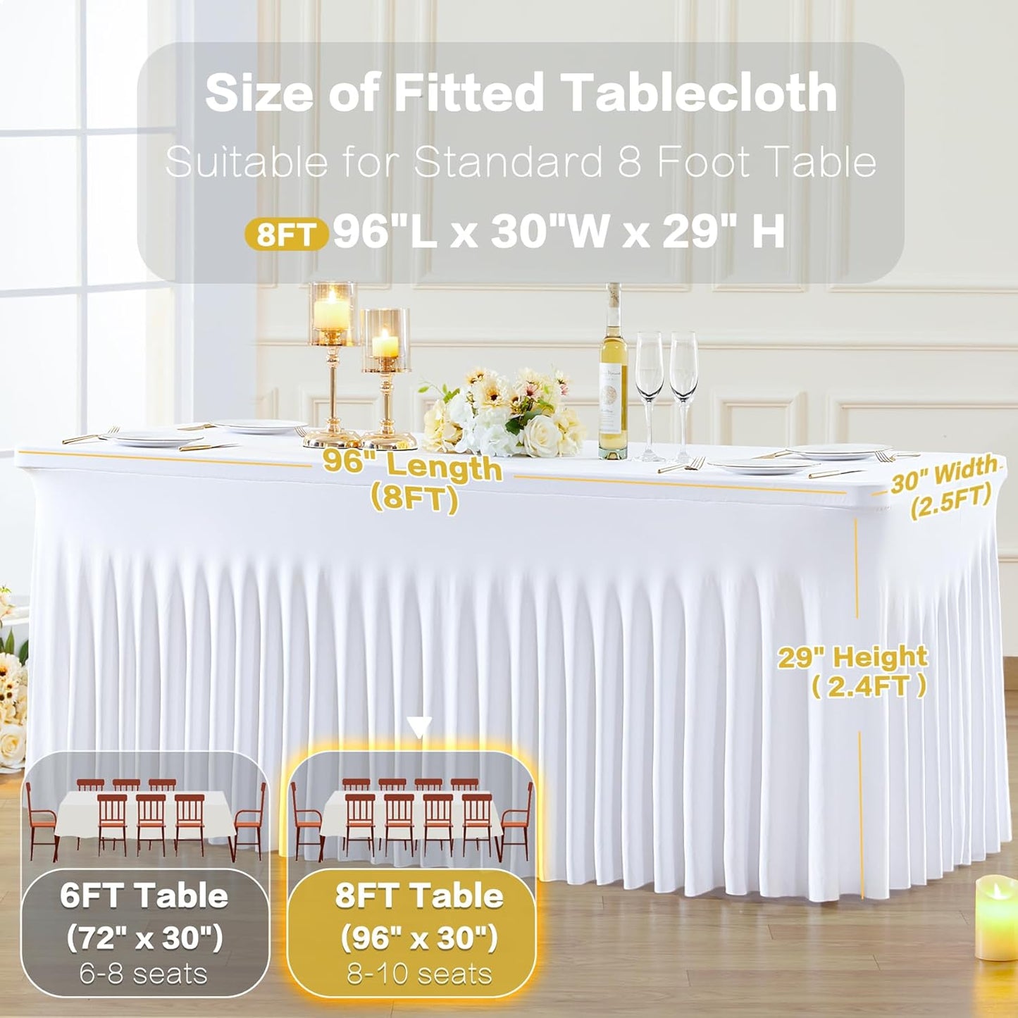 2 Pack Spandex White Fitted Table Cloth for 8ft Rectangle Tables White Stretch Tablecloth Table Covers Banquet Table Clothes Wrinkle Free Table Skirt for Parties Wedding