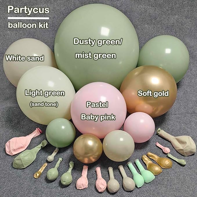Dusty Green Pink Balloon Arch Double Stuffed, Sage Mint Green Baby Pink White Sand Cream Gold Pastel Balloon Garland Kit for Baby in Bloom Birthday Wedding Easter Dinosaur Valentines Party