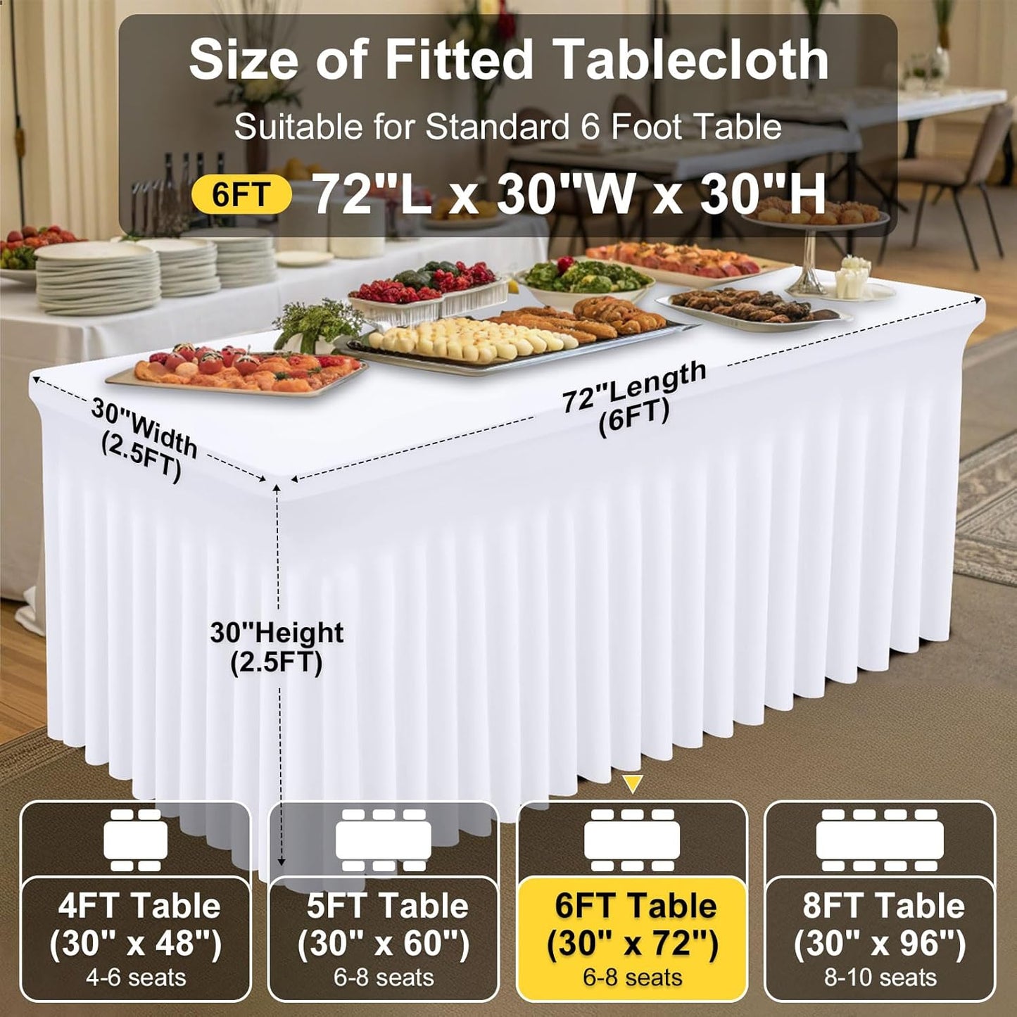 Smiry Spandex Tablecloth 2 Pack, Elastic Fitted Stretch Tablecloth for 6FT Rectangle Tables, Waterproof Washable Table Cover Skirt for Outdoor, Wedding, Banquet & Parties (White, 72Lx30Wx30H Inch)