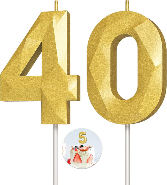 Number Birthday Candles(40 Candle Gold) 3D Diamond Shape Number Happy Birthday Cake Candles for Birthday Party Wedding Decoration Reunions Theme Party