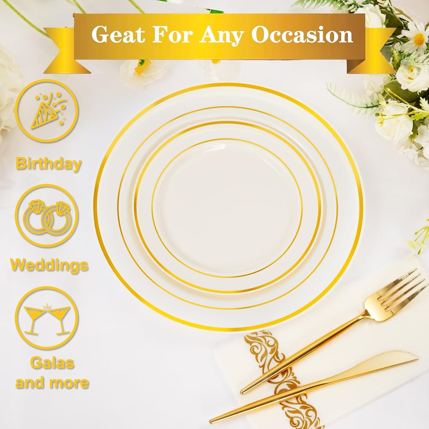 U-QE 100pcs Thanksgiving Plastic Plates for Party - Ivory Gold Plastic Plates Disposable Heavy Duty - Include 50 10" Dinner and 50 7" Dessert Plate, Perfect for Party, Wedding, Fall & Friendsgiving
