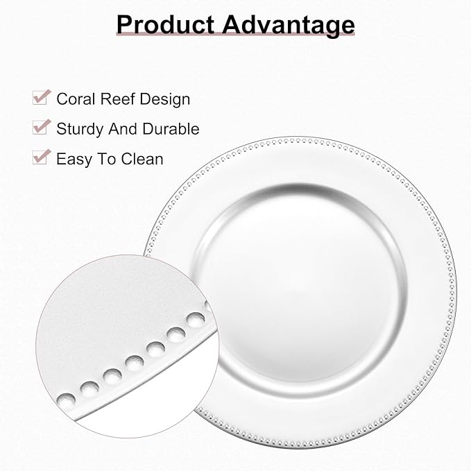 uxcell 10pcs Charger Plates Bulk 13 Inch Plastic Charger Plates Round Plate Chargers for Dinner Wedding Party Event Table Setting Decoration Silver