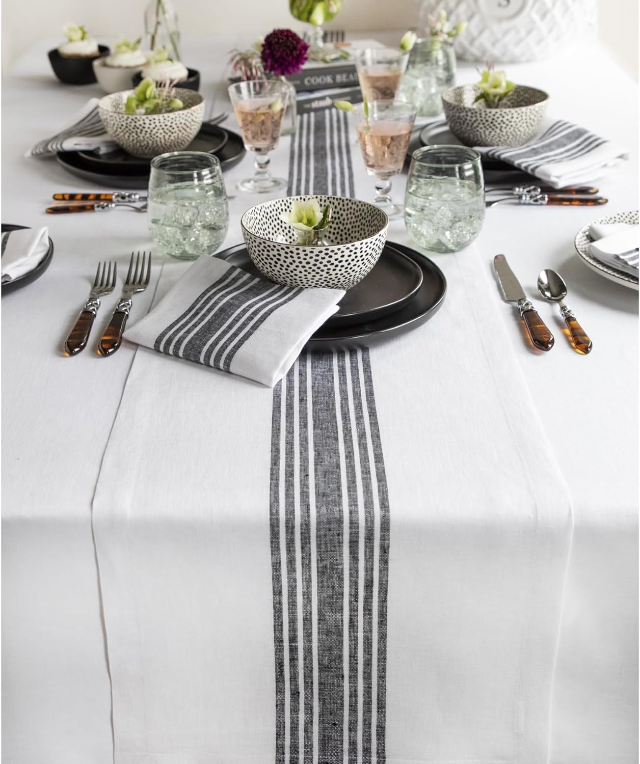 Solino Home Linen Table Runner 120 Inches Long - 100% Pure Linen Black and White Farmhouse Table Runner 14 x 120 Inch for Dining, Fall, Autumn, Halloween, Thanksgiving