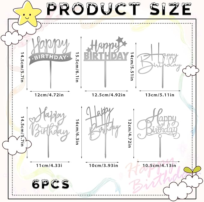 DIVINA VITAE 6 Pcs Silver Acrylic Happy Birthday Cake Toppers & Inserts - 6.29" W x 9.44" H - Perfect for Cupcakes, Cakes, Parties & More