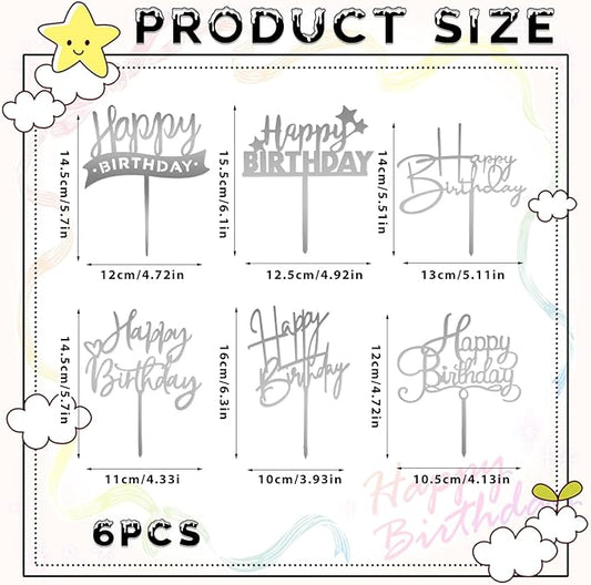 DIVINA VITAE 6 Pcs Silver Acrylic Happy Birthday Cake Toppers & Inserts - 6.29" W x 9.44" H - Perfect for Cupcakes, Cakes, Parties & More