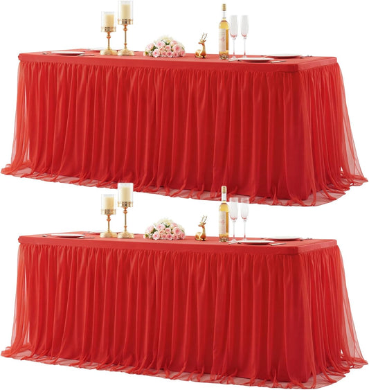 Suppromo 2 Pack 6ft Red Tulle Tablecloths for Rectangle Tables 6 Foot Red Rectangular Table Cloth Wrinkle Free Tablecover with Tutu Skirt for Baby Shower Wedding Birthday Party Banquet Buffet Cake