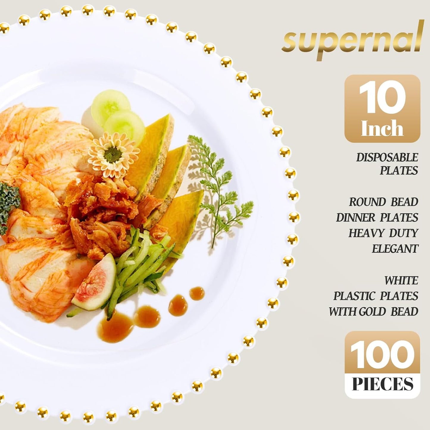 supernal 100 Pieces White and Gold Plastic Plates, 10 Inch Elegant Disposable Plates, Heavy Duty Plastic Dinner Plates for Christmas, Thanksgiving, Party, Wedding and Birthday
