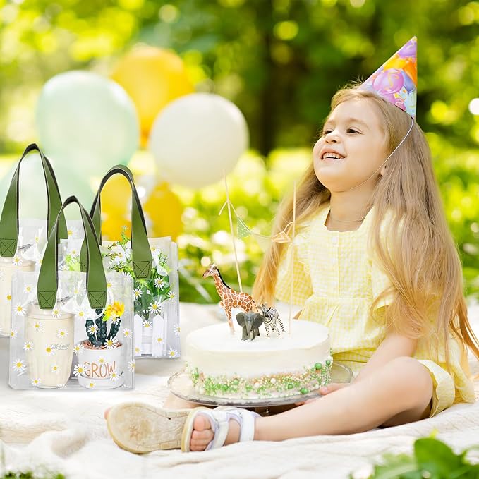 Whaline 12Pcs Daisy Clear PVC Gift Bags with Green Handle Cute Flower Reusable Transparent Treat Bags for Spring Mother's Day Wedding Birthday Bridesmaid Baby Shower Party Favor