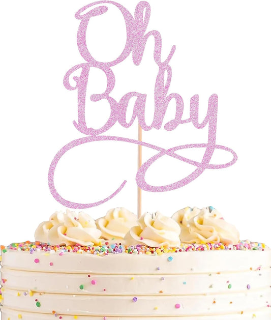 Oh Baby Cake Topper - Pink Glitter Baby Birthday Party Cake Decoration Supplies, for Baby Shower/Gender Reveal Party Photo Booth Props