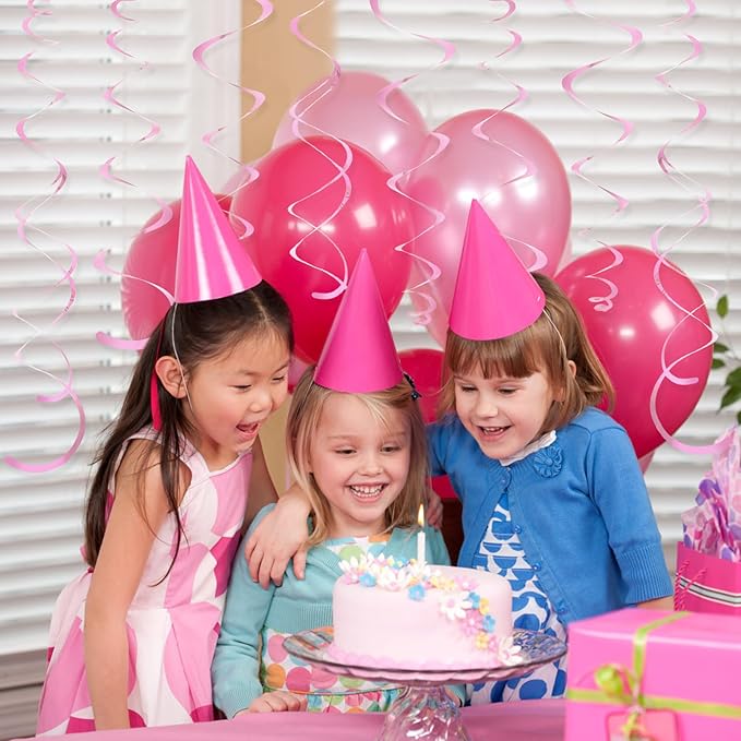 24 PCS Pink Hanging Swirl, Sparkle Ceiling Hanging Decorations, Plastic Streamer Party Decorations with Double-Swirls and Single-Swirls for Birthday Decorations, Valentine's, Galentines,Baby Shower