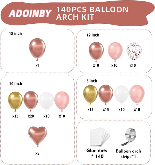 Rose Gold Balloons Arch Kit, 140Pcs Metalic Rose Gold Metallic Gold White Pink with Confetti Balloons for Bridal Shower Baby Shower Bachelorette Birthday Wedding Girl Anniversary Decorations