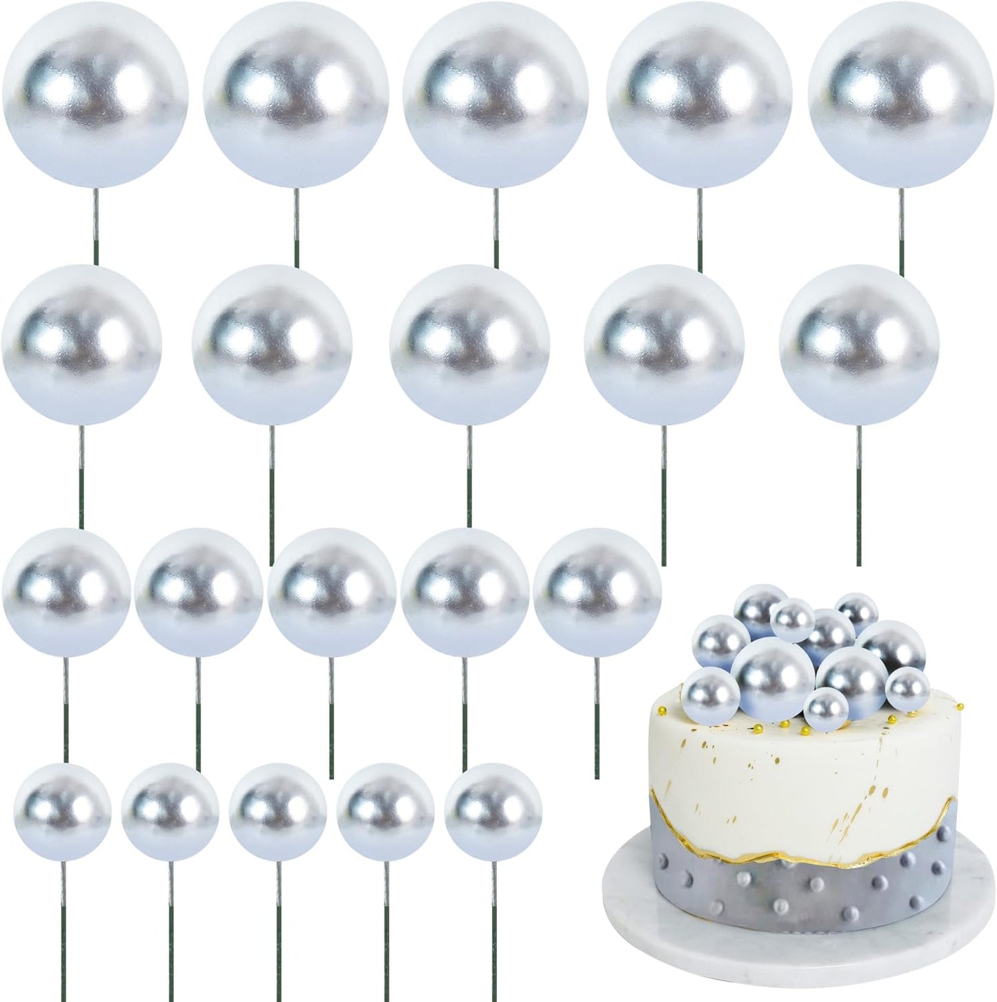 BEISHIDA 20 PCS Silver Mini Ball Cake Toppers Foam Cake Balls Decoration Supplies for Happy Birthday Anniversary Wedding Baby Shower Graduation Christmas Cake Decorations