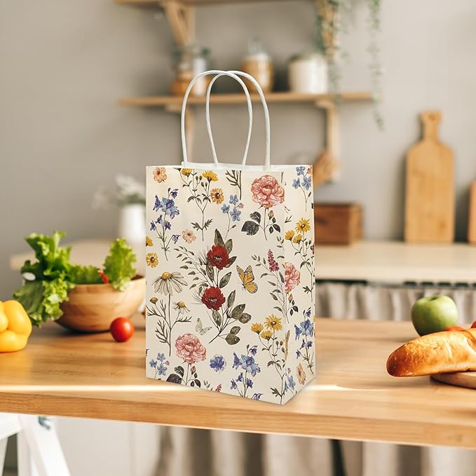 48Pcs Vintage Wild Floral Paper Gift Bags With Handles - Wildflower Print Treat Bags for Grocery Shopping, Candy, Baby Shower, Wedding Party Supplies