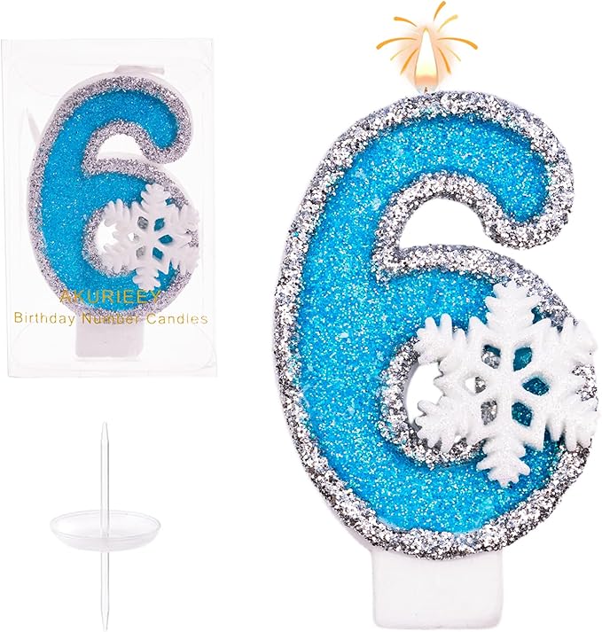 6th Blue Snowflake Birthday Candles Frozen Themed Number 6 Candles for Cake Topper Cupcake Decorations Party Decor Anniversary Celebrations Supplies