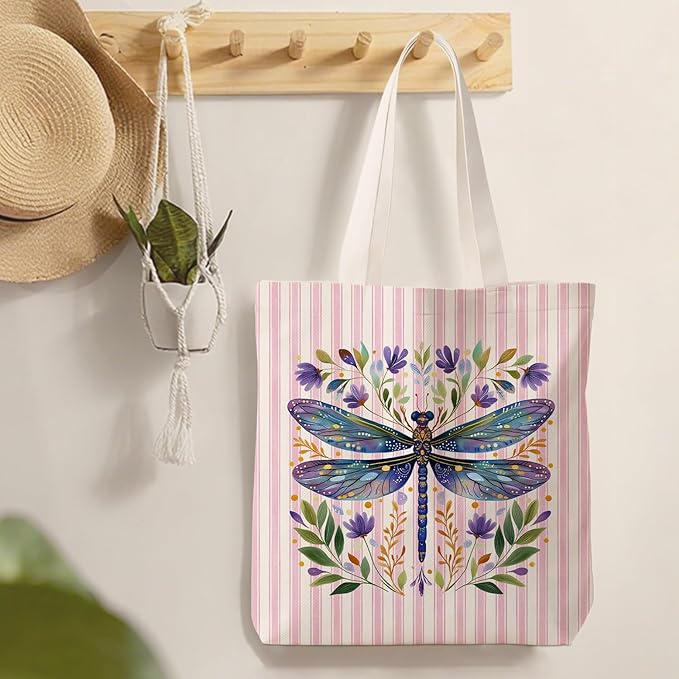 Purple Dragonfly Floral Tote Bag for Women,Dragonfly Canvas Tote Bag for Girls,Purple and White Striped Farmhouse Botanical Aesthetic Reusable Shopping Grocery Bags Party Favors