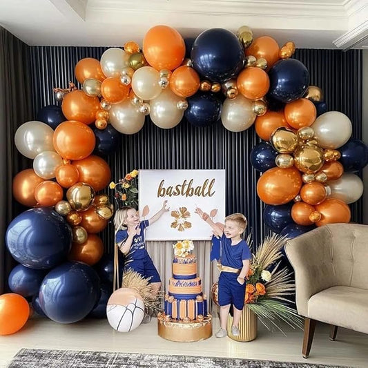 Navy Blue Orange Balloon Garland Arch Kit, Double Stuffed Dark Blue Burnt Orange Pearl White Sand Gold Balloon for Birthday Baby Shower New Year Party Decoration