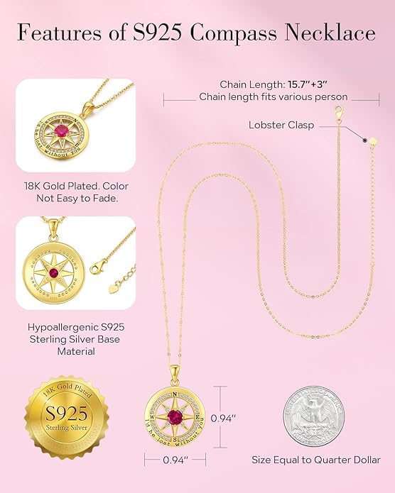 S925 Necklace Gift for Wife |Compass Jewelry |Women Anniversary |Sterling Silver |Girlfriend Birthday Gifts for Her Valentines |I'd be Lost without You |Jewel 18K Gold