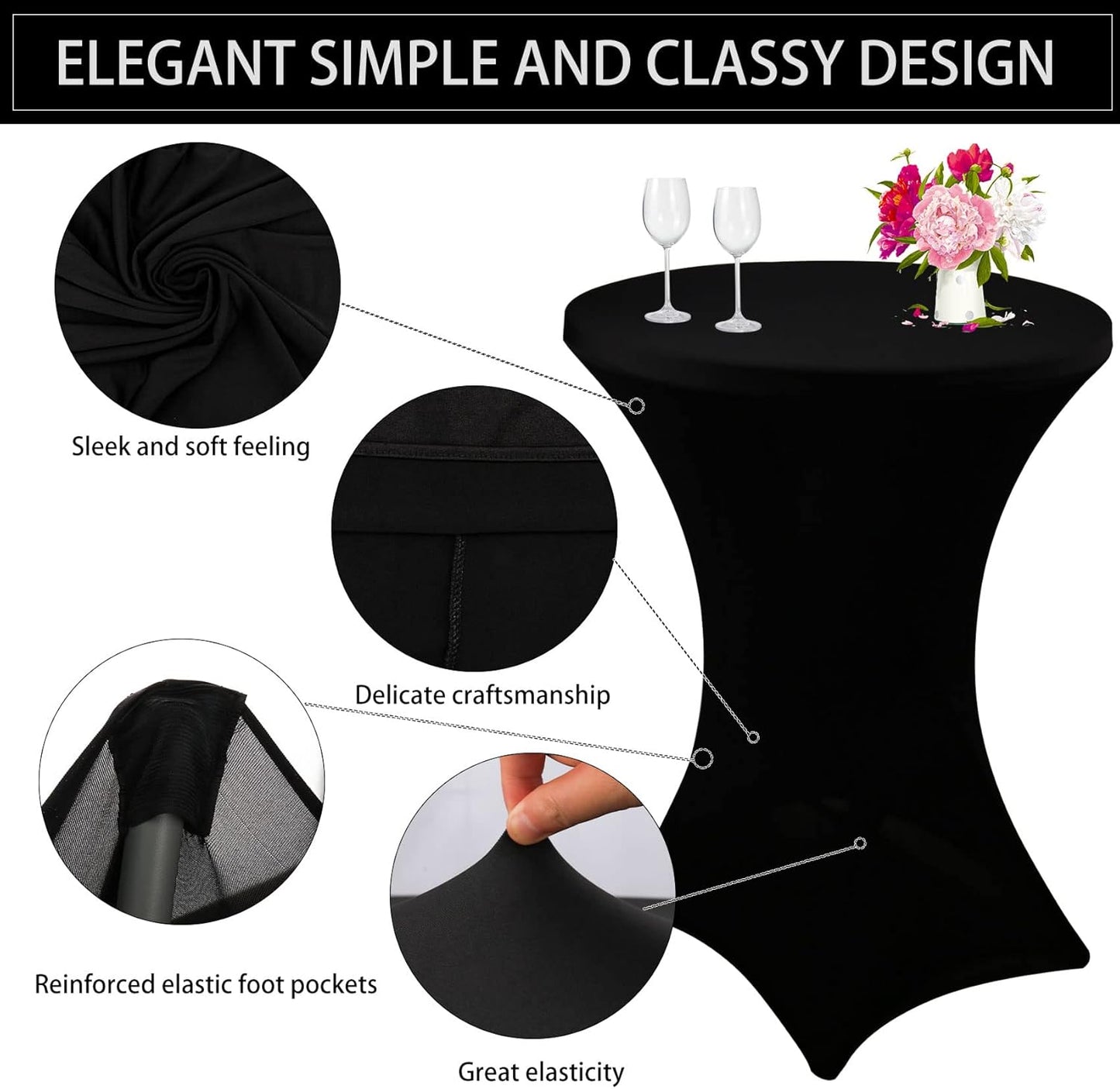 6 Pack Cocktail Spandex Tablecloth 32"x43" Black Stretch Square Corners Cocktail Table Cover Fitted High Top Round Table for Bar Wedding Birthday Party Banquet