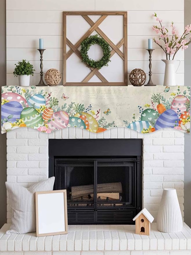 Easter Eggs Fireplace Mantel Scarf Table Runner, Farmhouse Spring Botanicals Plants Butterfly Winter Garland Mantel Top Tablerunners Dresser Scarves Cover for Windows Party Living Room 90''x17''