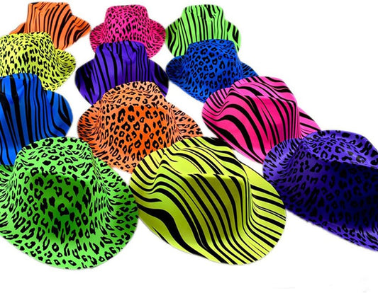 Novelty Place Neon Animal Print Plastic Party Hats, Fedora with Gangster Mafia Style, Blacklight Glow Party Hats(12/24 Pack)