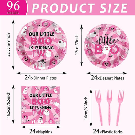 96pcs Halloween Pink Ghost Party Supplies - Boo 2nd Birthday Paper Plates, Napkins, Decoration, Dinnerware, Favor, Tableware - Serve 24