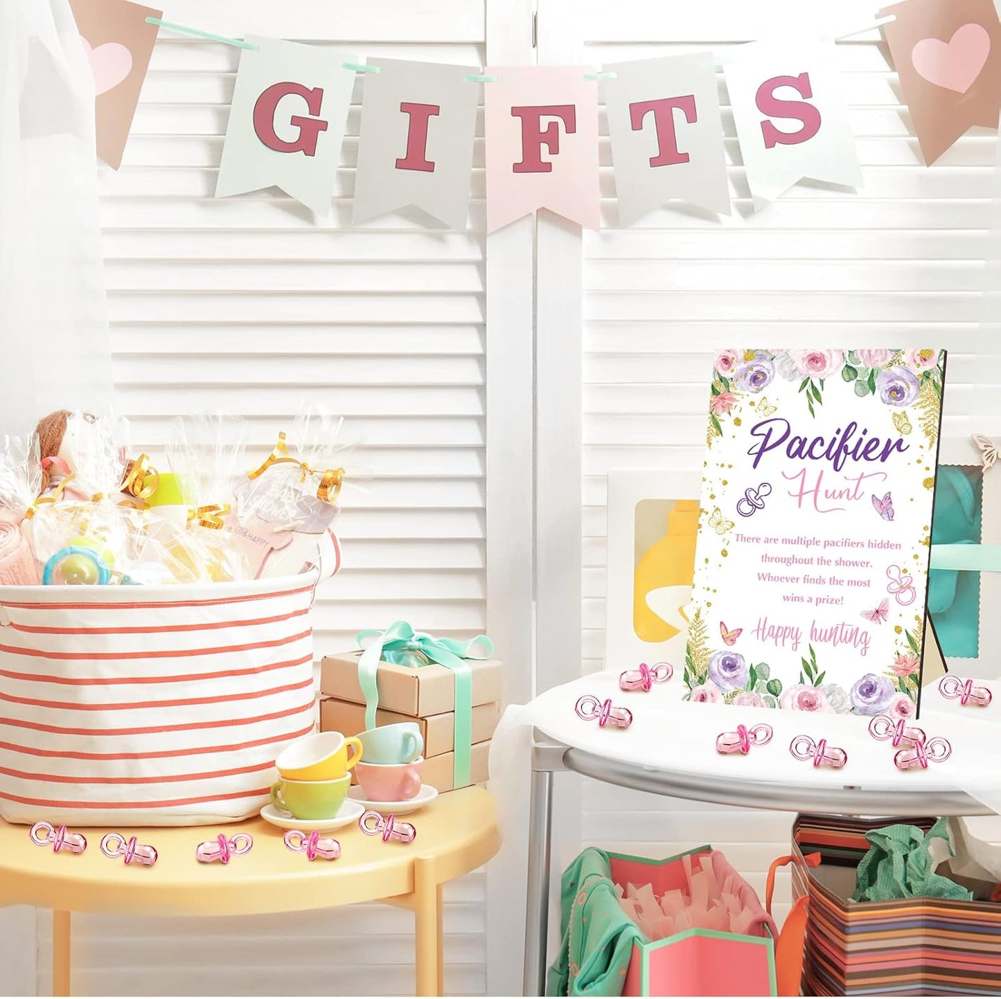 Thyle 51 Pcs Pacifier Hunt Baby Shower Games Include Hunt Sign and 50 Acrylic Pacifiers for Baby Shower Game Decoration Gift Sets Gender Reveal Party Decor(Butterfly)