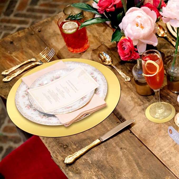 Tioncy 100 Pcs Round Gold Placemats 13" Disposable Paper Placemats for Dining Table Gold Charger Table Mats and Coasters Mats Set for Birthday Wedding Home Dinner Party Settings Decor