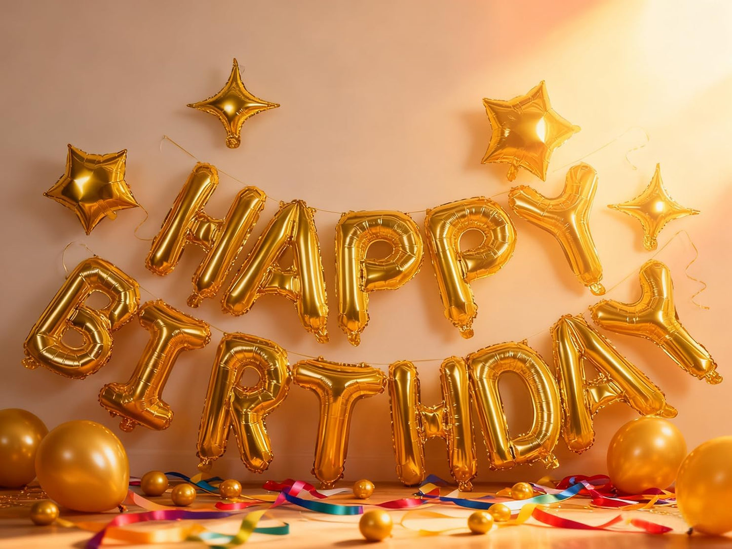 Gold Happy Birthday Banner Balloon Aluminum Foil 16 Inch Letter,10 Inch Five Pointed Star Four Pointed Star Suitable for Kids, Men, Women, Boys and Girls Party Decoration Supplies